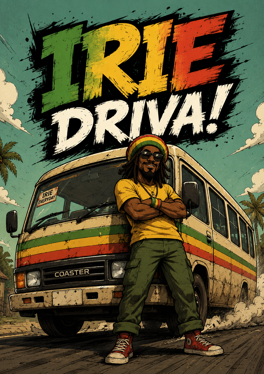 Irie Driva poster: a Rasta driver leaning on a rasta-striped Coaster minibus on a Jamaican road